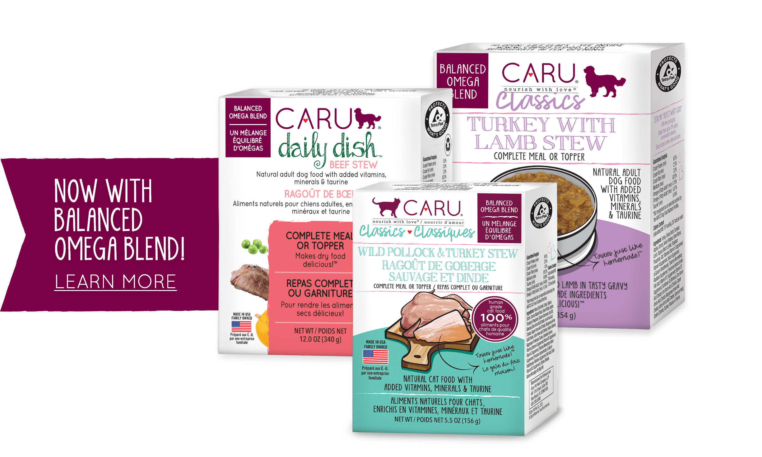 left graphic "Now with Omega Blend' next to three cartons of pet stews