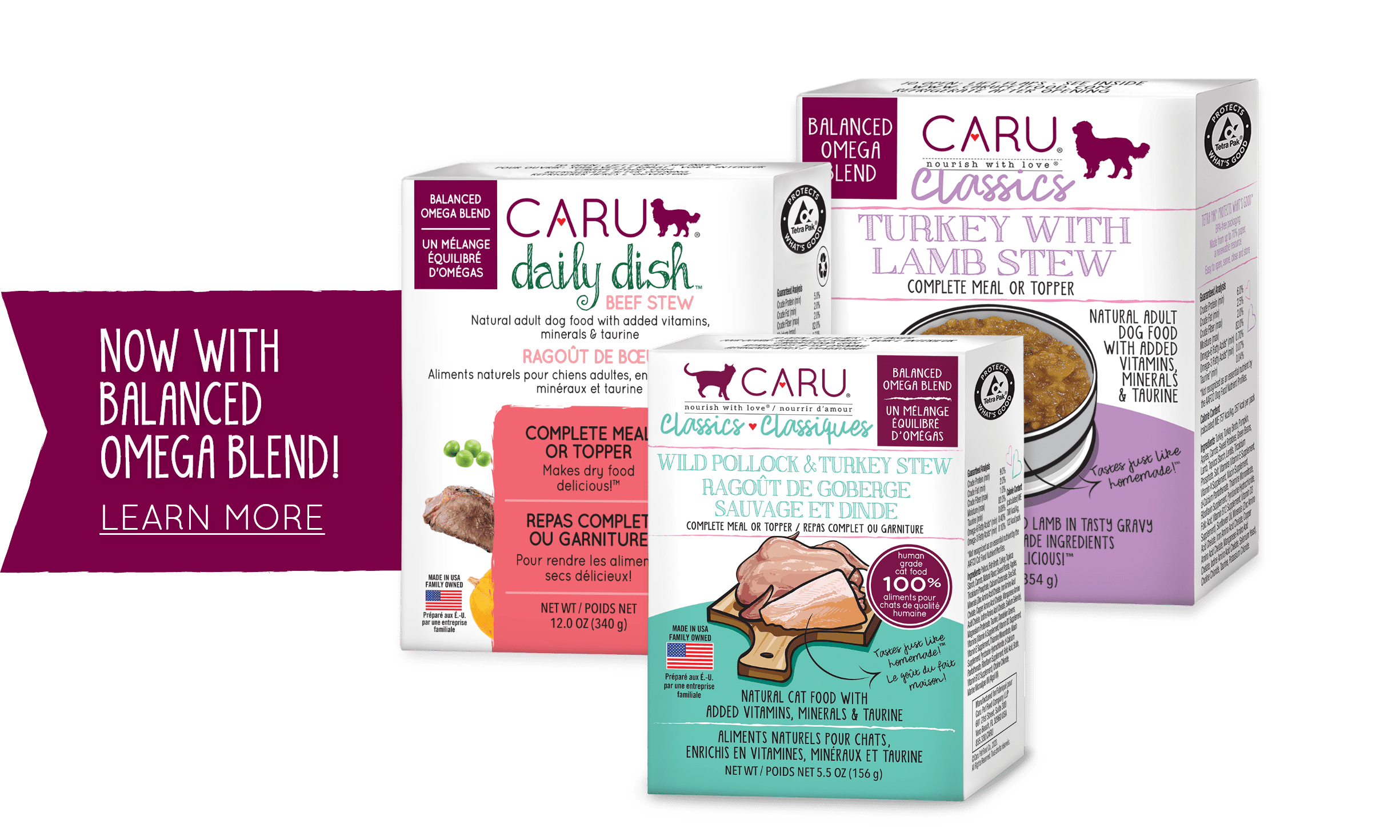 left graphic "Now with Omega Blend' next to three cartons of pet stews